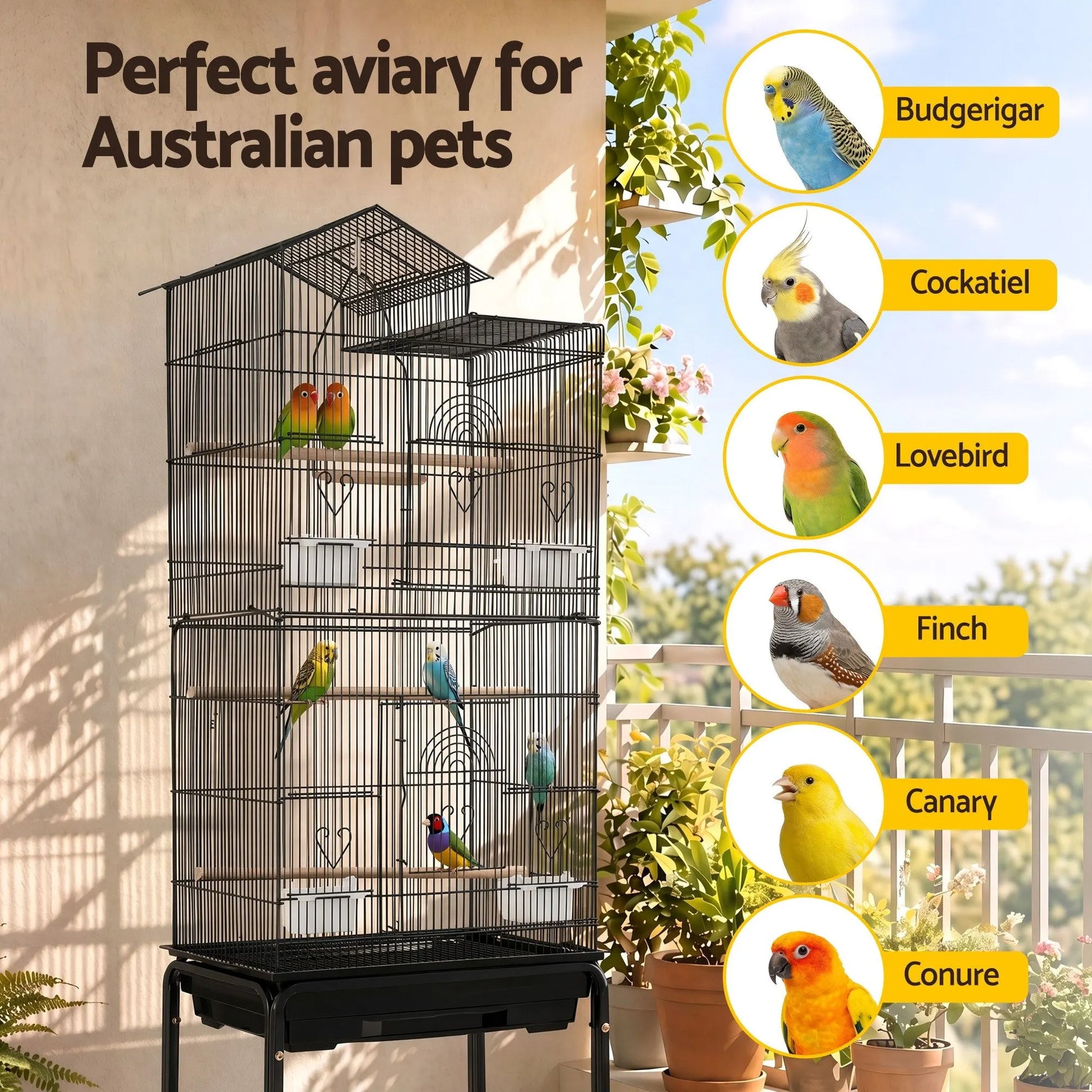 i.Pet 158cm Bird Cage Aviary Parrot Budgie Stand Wheels Black - Image 9