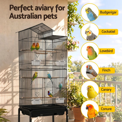 i.Pet 158cm Bird Cage Aviary Parrot Budgie Stand Wheels Black - Image 9