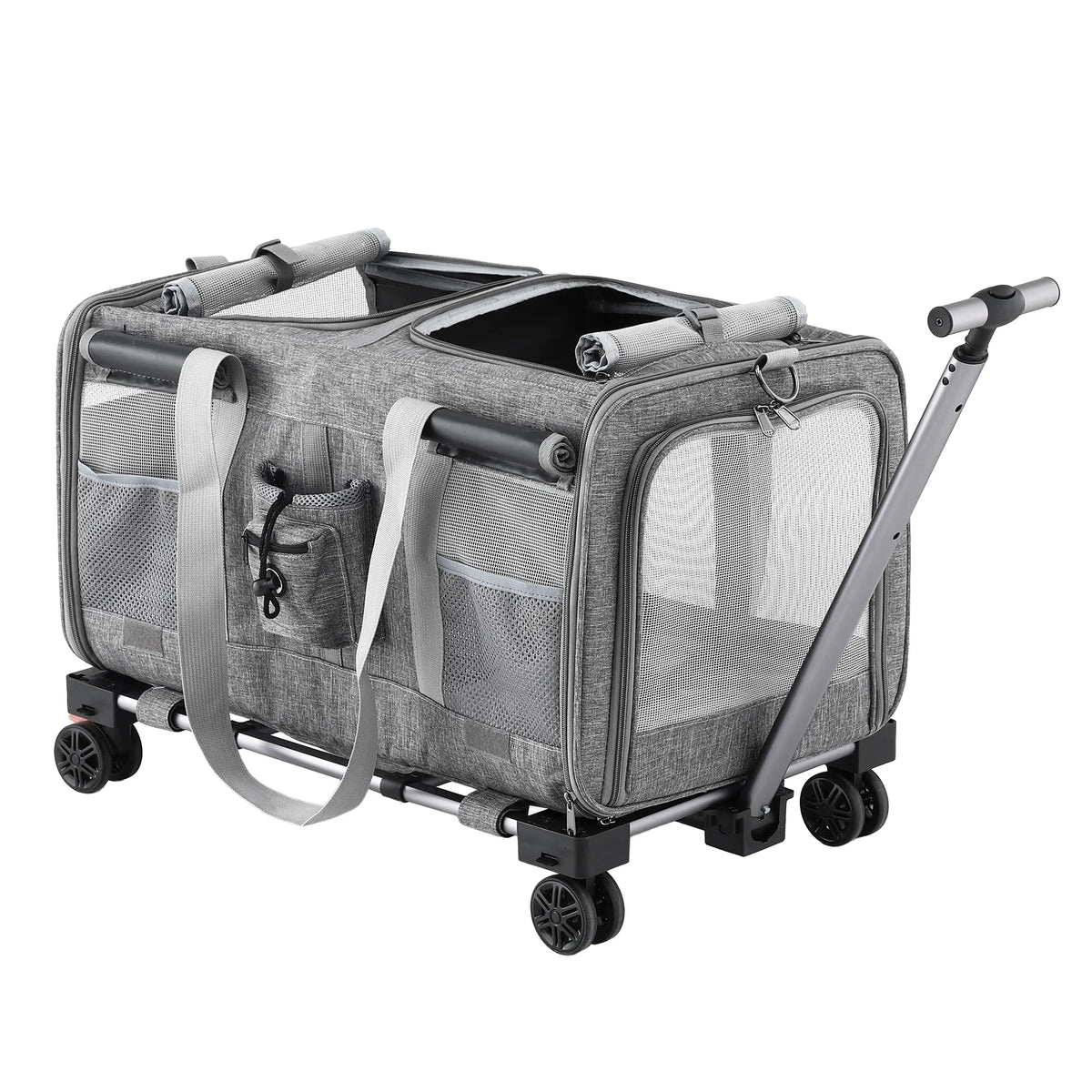i.Pet Pet Carrier Swivel Wheels Foldable Cat Dog Trolley Stroller Travel Bag Grey