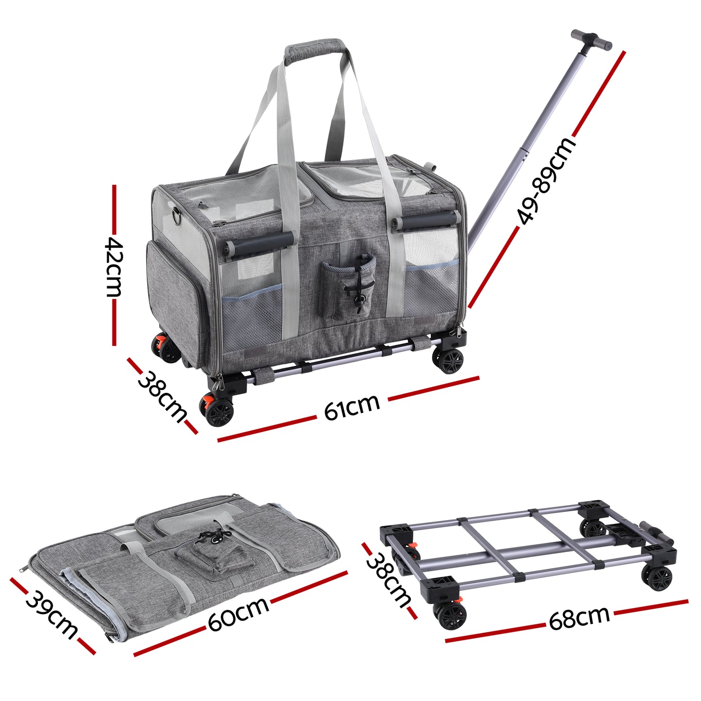 i.Pet Pet Carrier Swivel Wheels Foldable Cat Dog Trolley Stroller Travel Bag Grey - Image 2