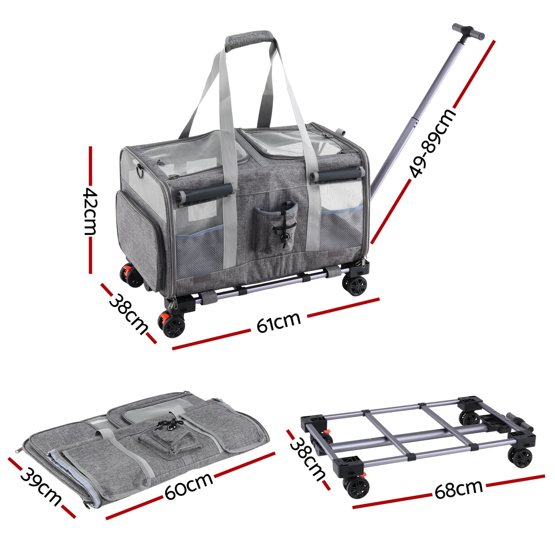 i.Pet Pet Carrier Swivel Wheels Foldable Cat Dog Trolley Stroller Travel Bag Grey - Image 2