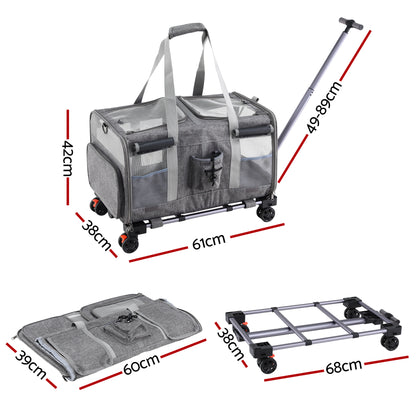 i.Pet Pet Carrier Swivel Wheels Foldable Cat Dog Trolley Stroller Travel Bag Grey - Image 2