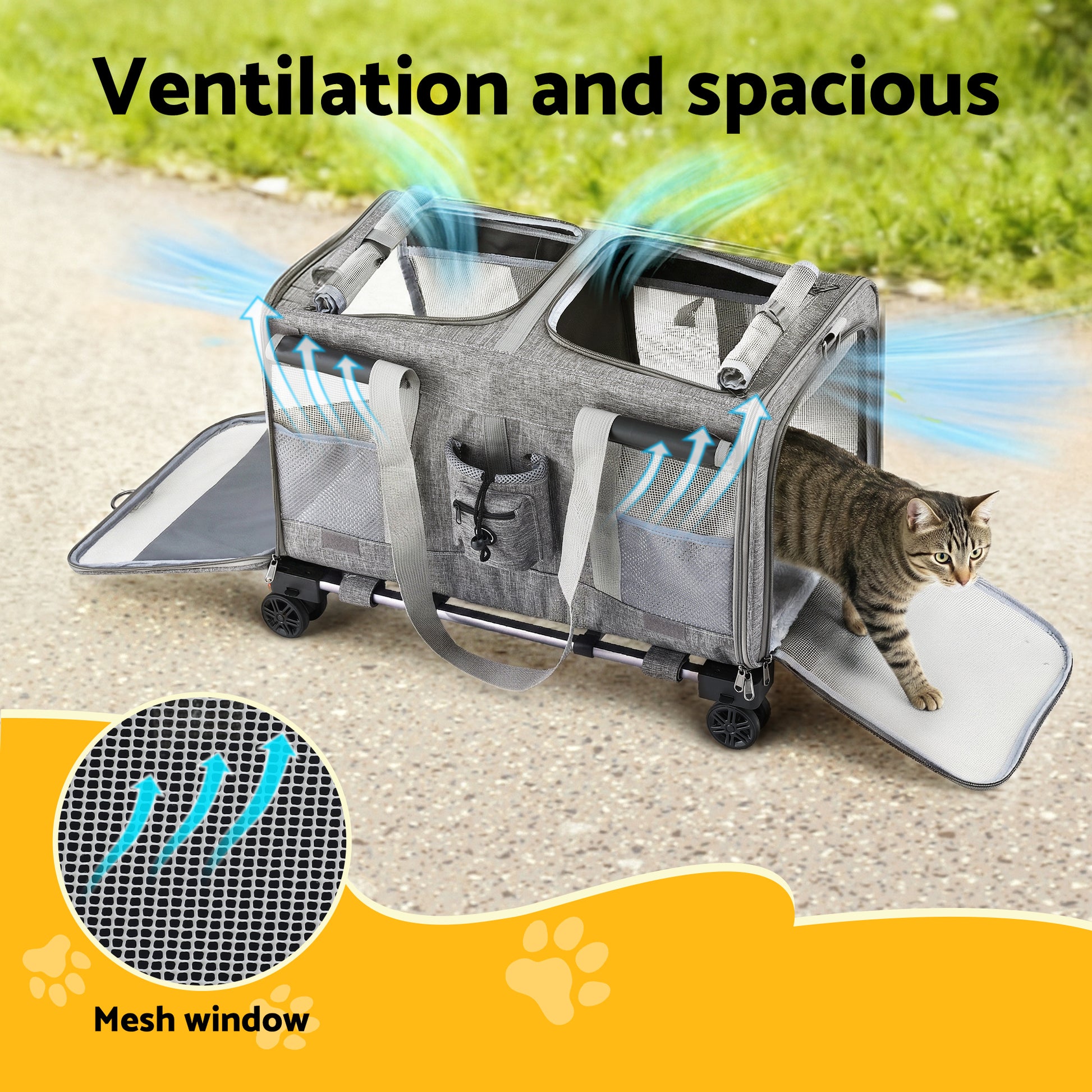 i.Pet Pet Carrier Swivel Wheels Foldable Cat Dog Trolley Stroller Travel Bag Grey - Image 4