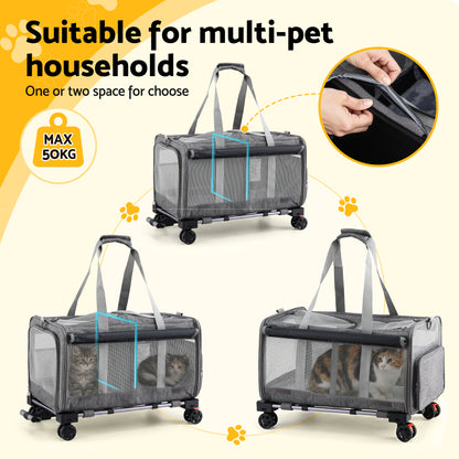 i.Pet Pet Carrier Swivel Wheels Foldable Cat Dog Trolley Stroller Travel Bag Grey - Image 6