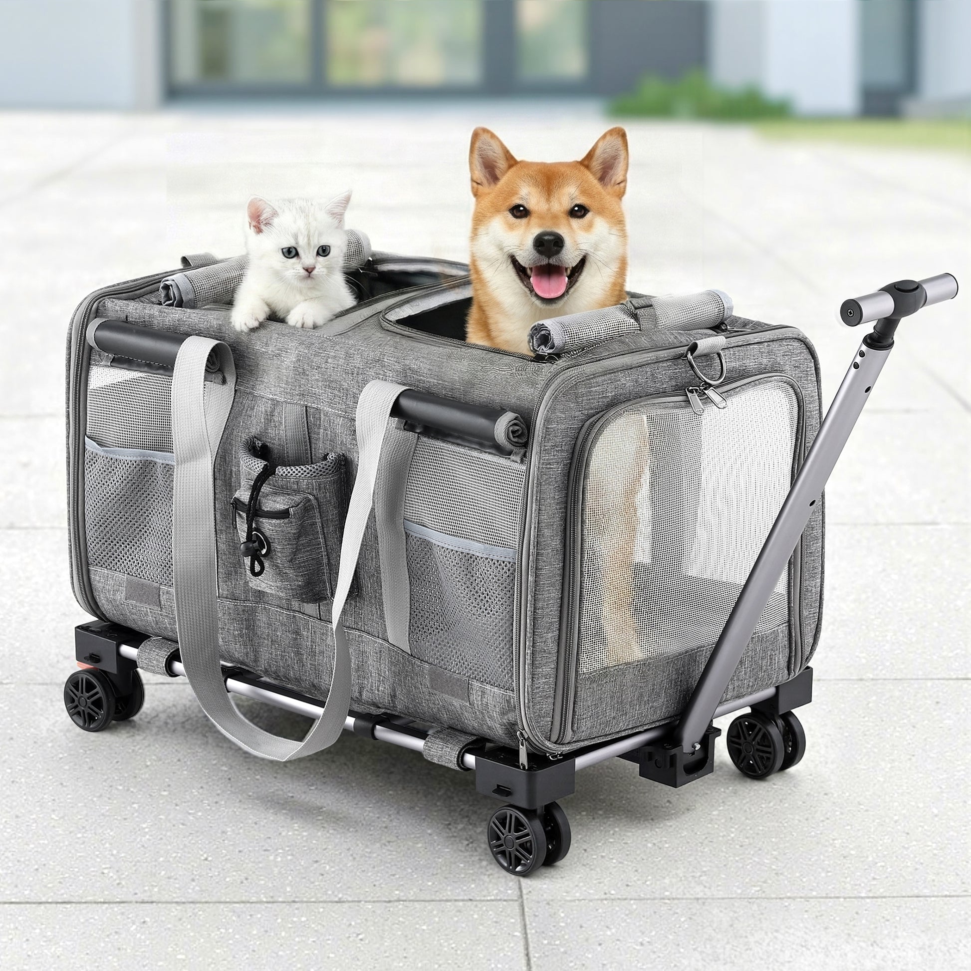 i.Pet Pet Carrier Swivel Wheels Foldable Cat Dog Trolley Stroller Travel Bag Grey - Image 7