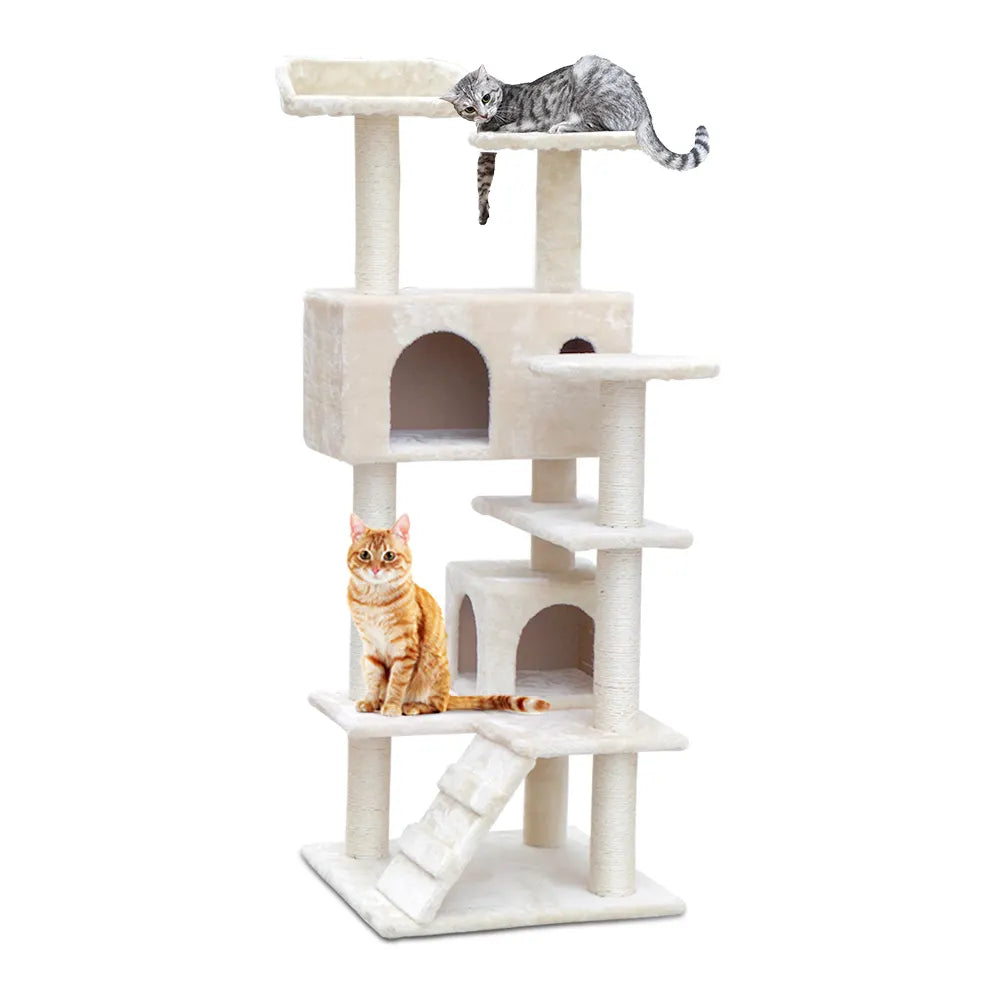 i.Pet Cat Tree 134cm Tower Scratching Post Scratcher Wood Condo House Bed Beige - Image 8