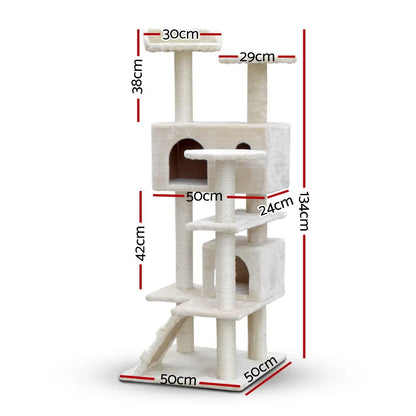i.Pet Cat Tree 134cm Tower Scratching Post Scratcher Wood Condo House Bed Beige - Image 2