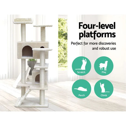 i.Pet Cat Tree 134cm Tower Scratching Post Scratcher Wood Condo House Bed Beige - Image 3