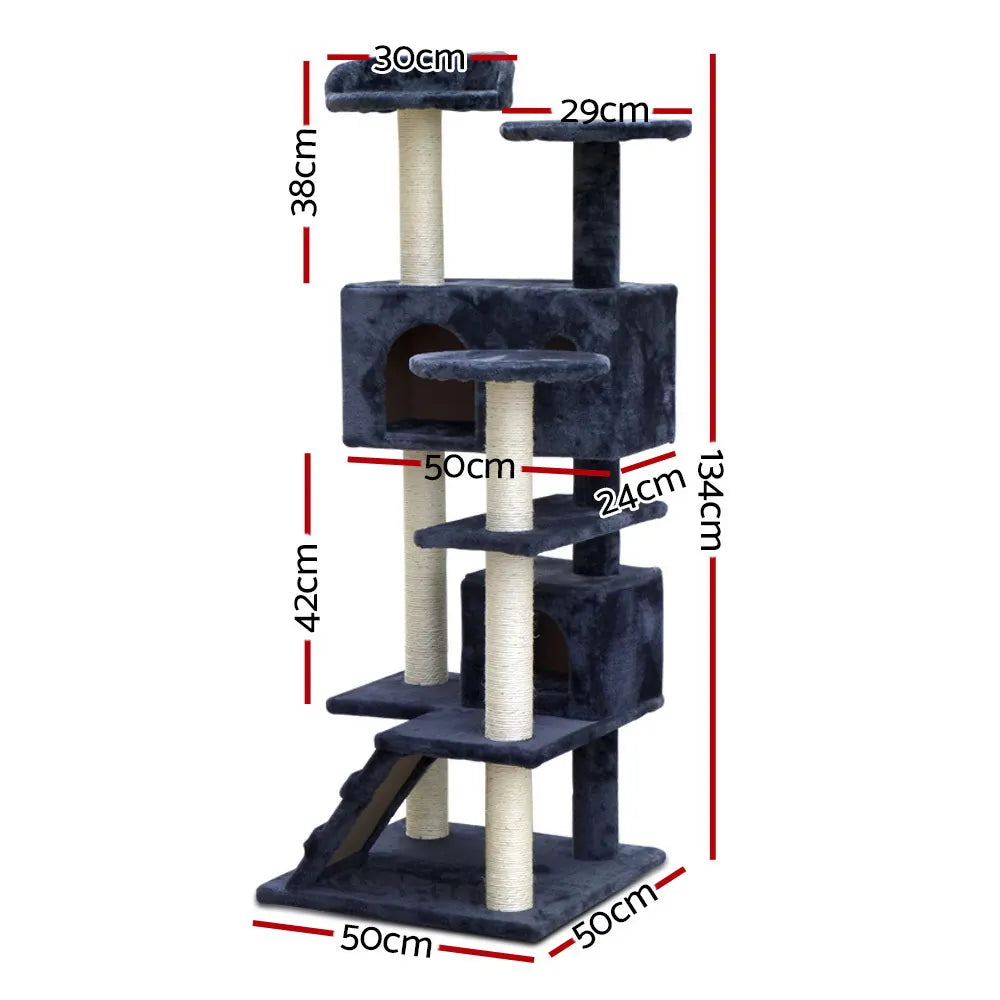 i.Pet Cat Tree 134cm Tower Scratching Post Scratcher Wood Condo House Bed Grey - Image 2