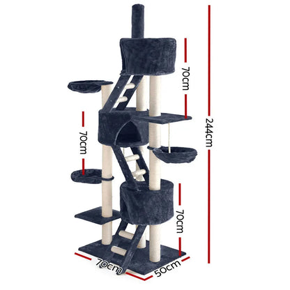 i.Pet Cat Tree 244cm Tower Scratching Post Scratcher Trees Condo House Grey - Image 2