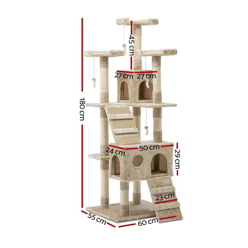 i.Pet Cat Tree 180cm Tower Scratching Post Scratcher Wood Condo House Toys Beige - Image 2