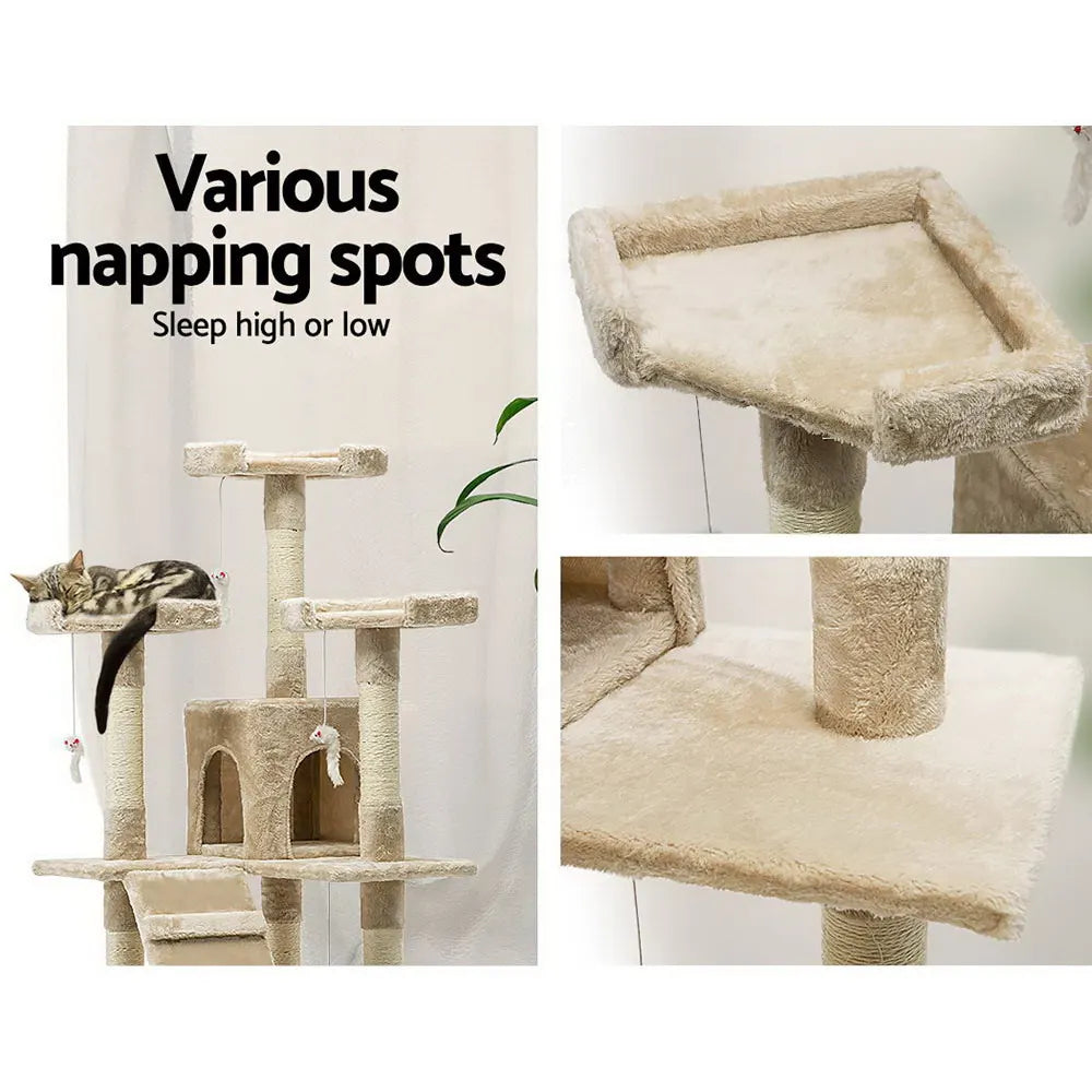 i.Pet Cat Tree 180cm Tower Scratching Post Scratcher Wood Condo House Toys Beige - Image 5