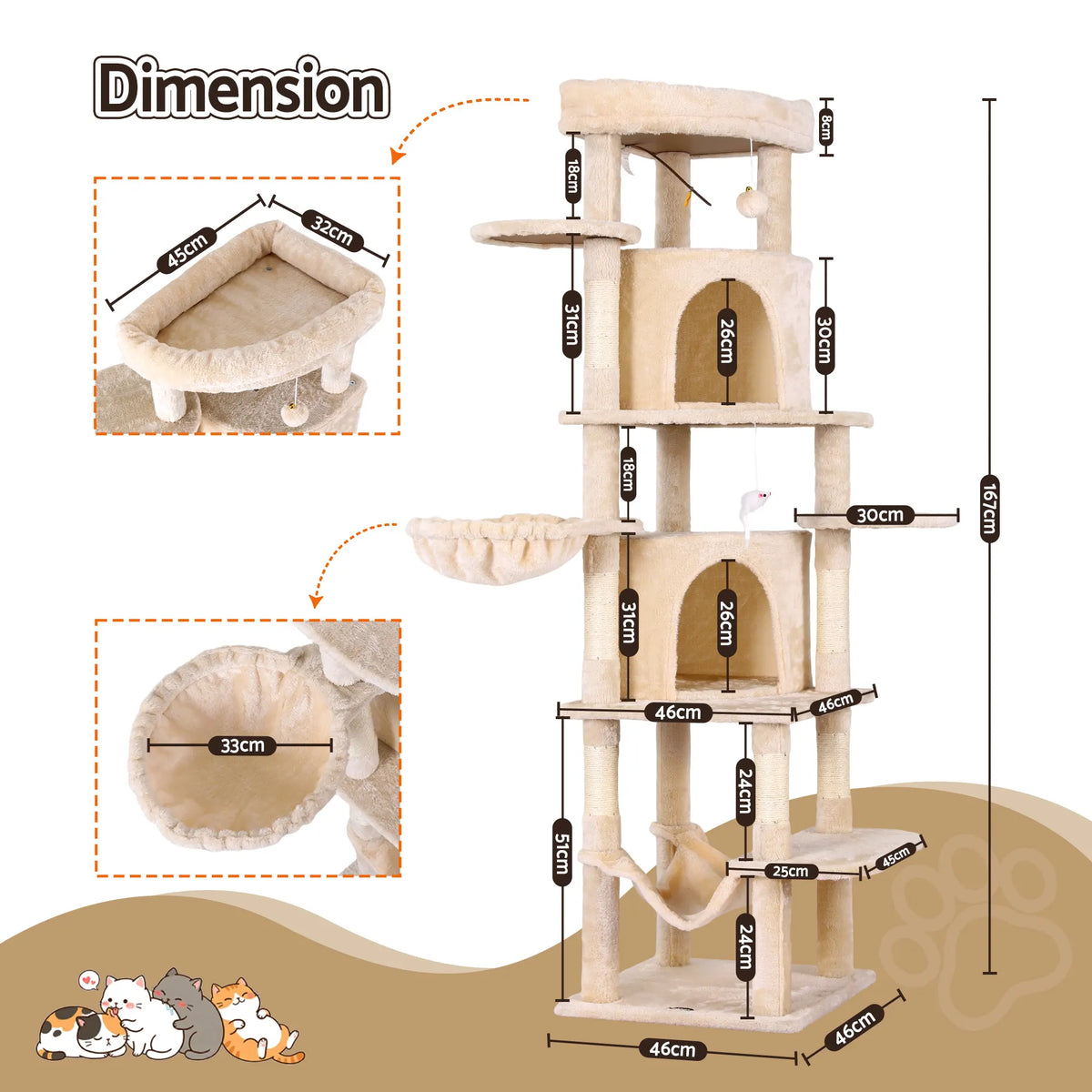i.Pet Cat Tree Tower 167cm Large Scratching Post Furniture Scratcher House Beige - Image 4