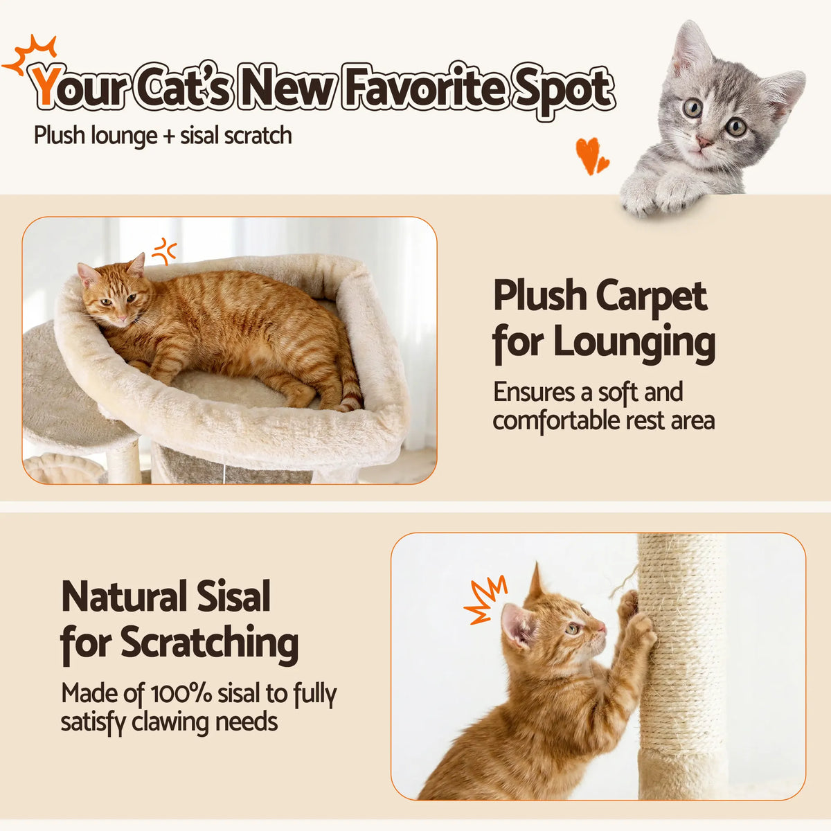 i.Pet Cat Tree Tower 167cm Large Scratching Post Furniture Scratcher House Beige - Image 8