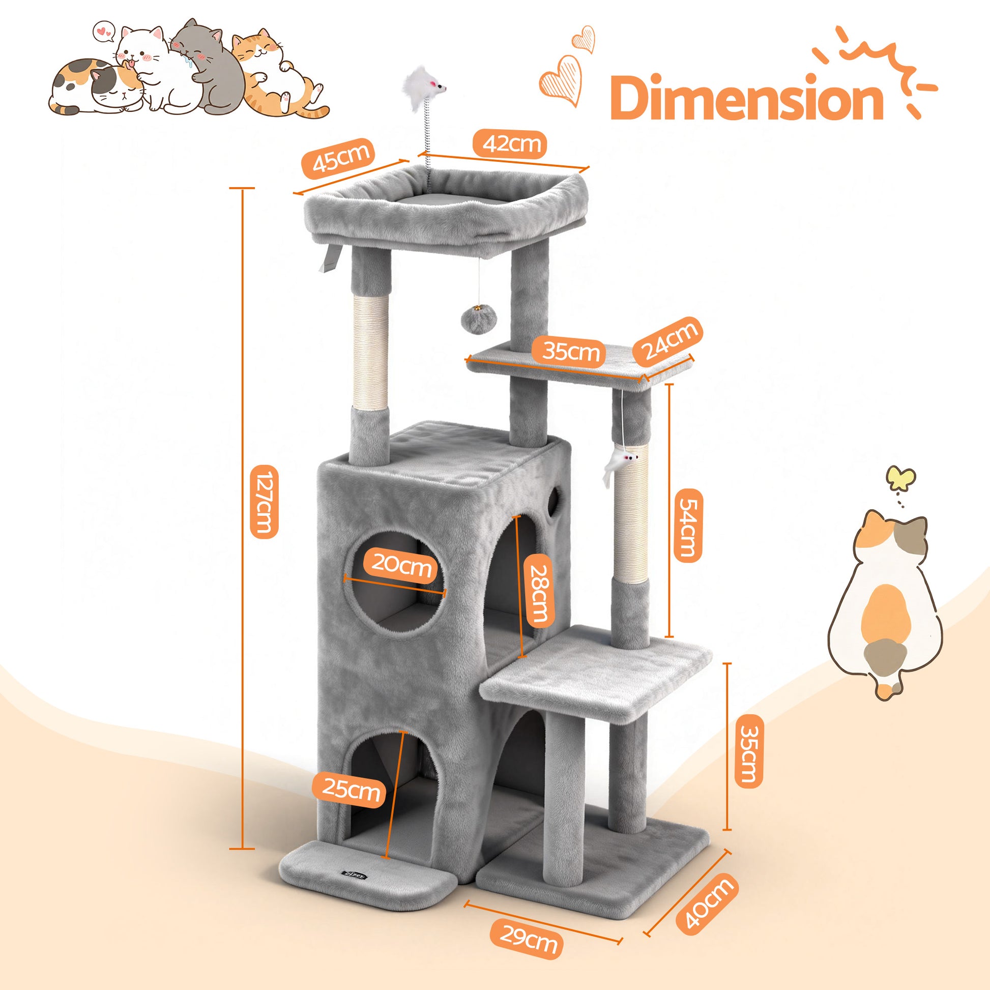 i.Pet Cat Tree Tower 127cm Scratching Post Furniture Scratcher House Light Grey - Image 2