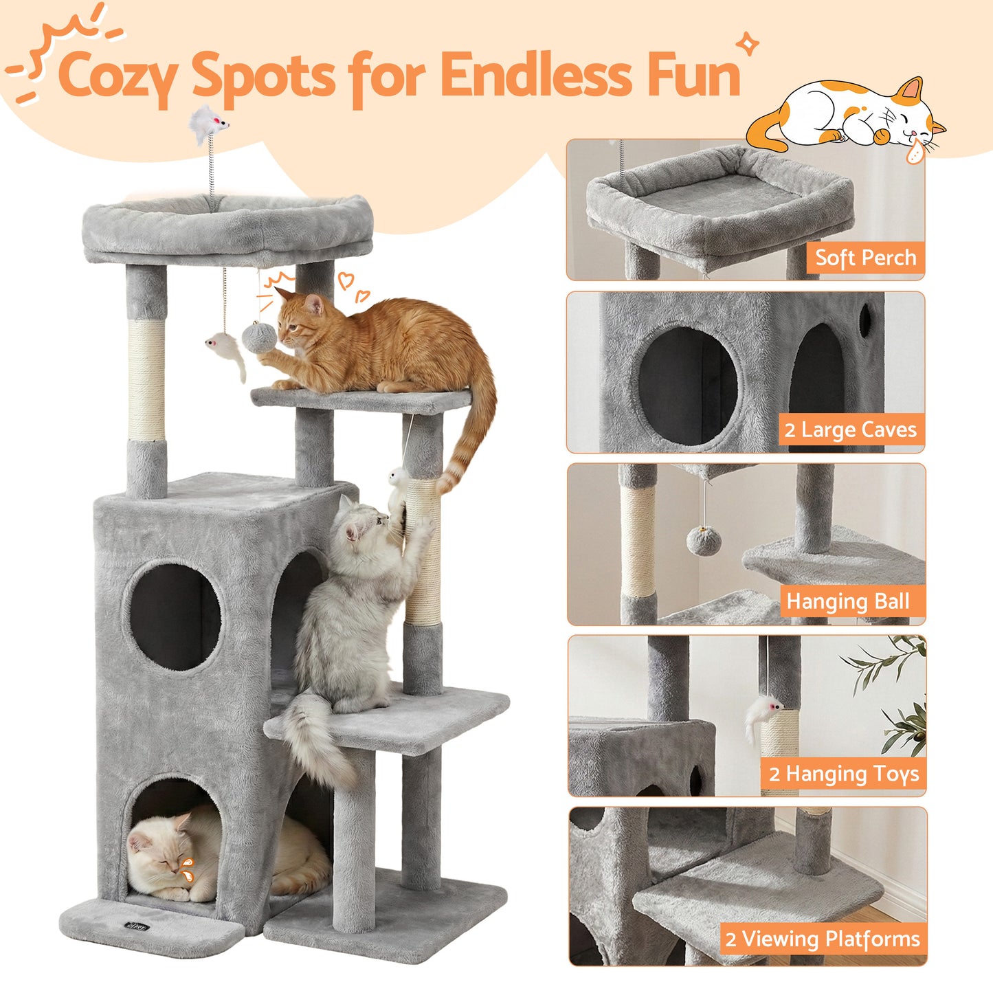 i.Pet Cat Tree Tower 127cm Scratching Post Furniture Scratcher House Light Grey - Image 5