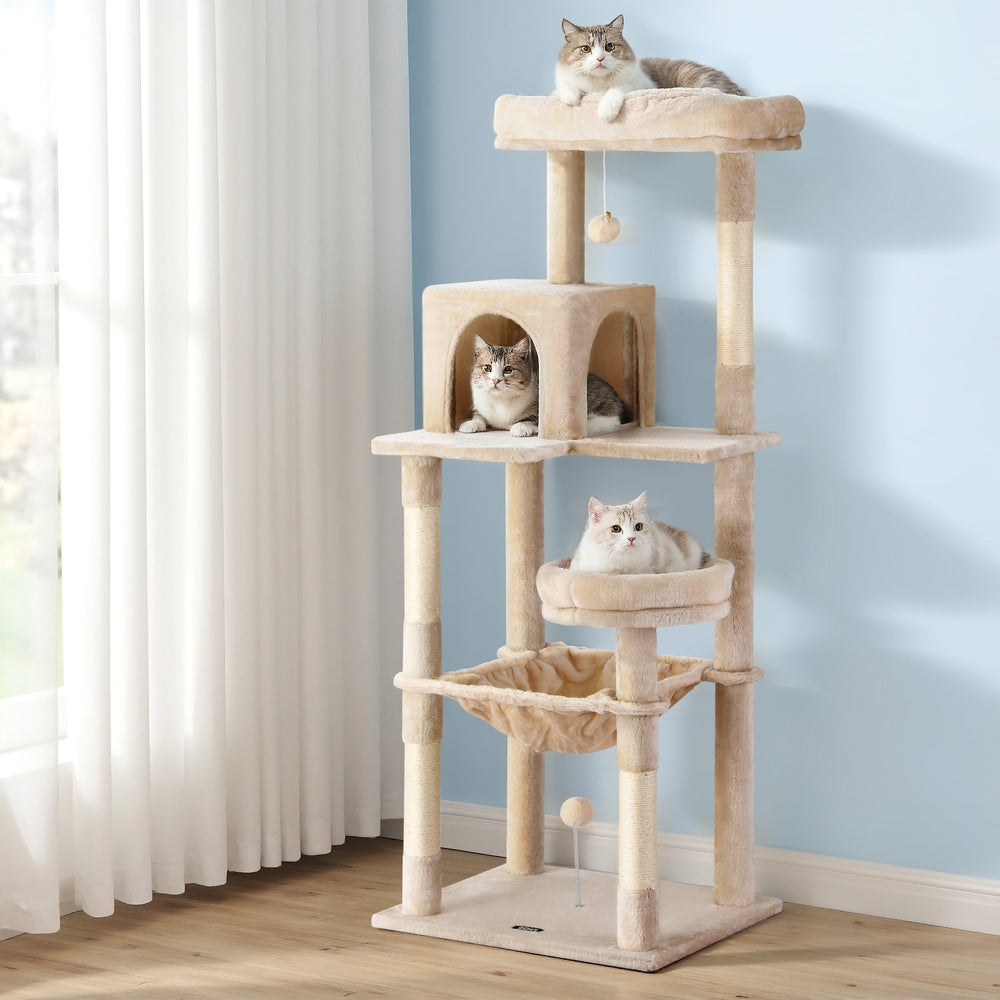 i.Pet Cat Tree 143cm Tower Scratching Post Trees Scratcher Condo House Beige - Image 7