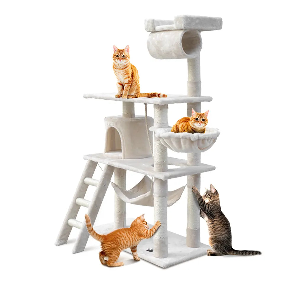 i.Pet Cat Tree 141cm Tower Scratching Post Scratcher Condo Wood House Bed Beige - Image 8