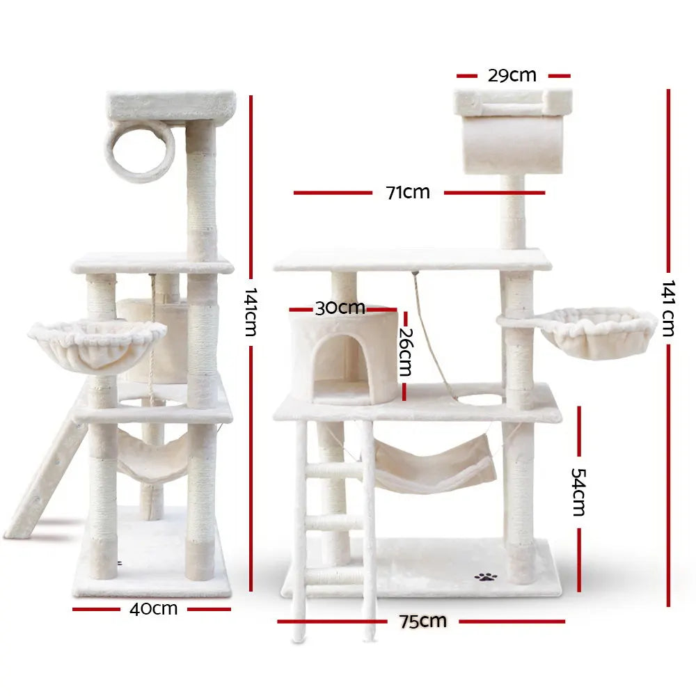 i.Pet Cat Tree 141cm Tower Scratching Post Scratcher Condo Wood House Bed Beige - Image 2