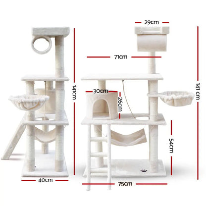 i.Pet Cat Tree 141cm Tower Scratching Post Scratcher Condo Wood House Bed Beige - Image 2