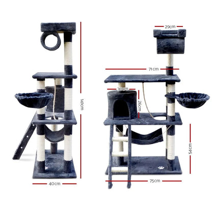 i.Pet Cat Tree 141cm Tower Scratching Post Scratcher Condo Wood House Bed Grey - Image 2