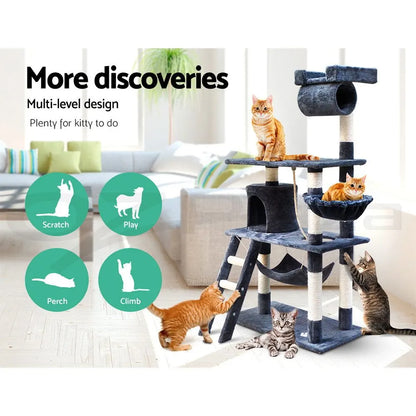 i.Pet Cat Tree 141cm Tower Scratching Post Scratcher Condo Wood House Bed Grey - Image 6