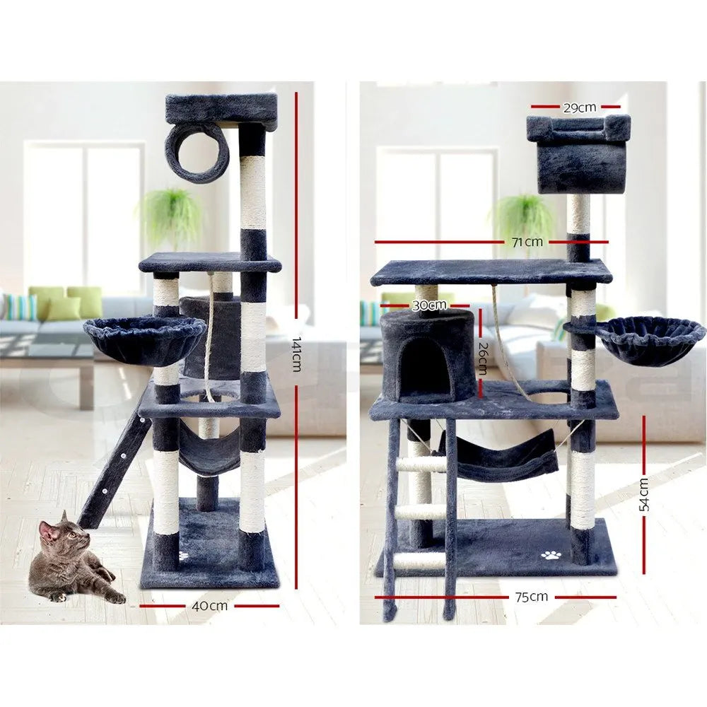 i.Pet Cat Tree 141cm Tower Scratching Post Scratcher Condo Wood House Bed Grey - Image 8