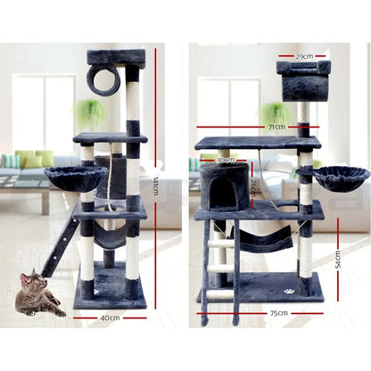 i.Pet Cat Tree 141cm Tower Scratching Post Scratcher Condo Wood House Bed Grey - Image 8