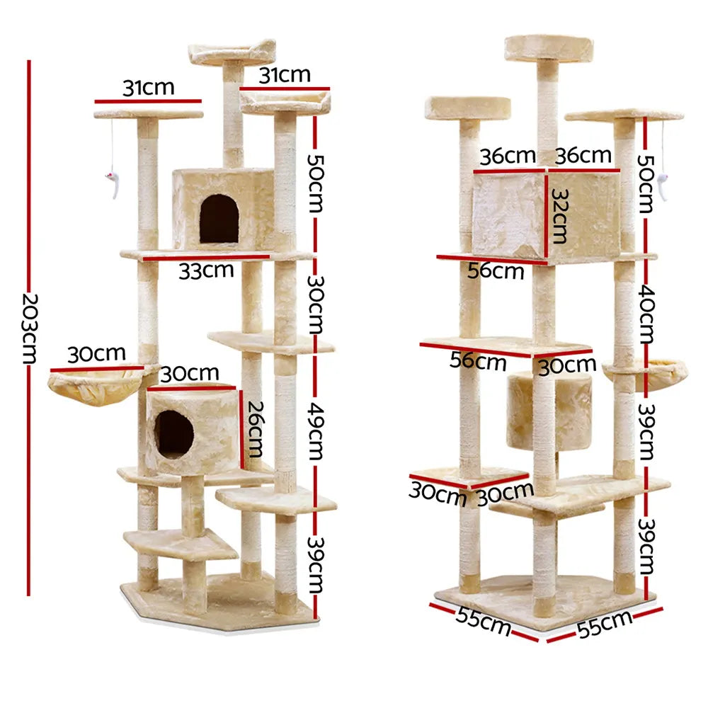 i.Pet Cat Tree 203cm Tower Scratching Post Scratcher Condo Trees House Bed Beige - Image 2