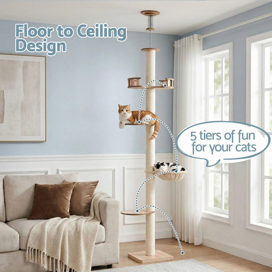 i.Pet Cat Tree Tower Floor to Ceiling Scratching Post 270cm Beige - Image 4