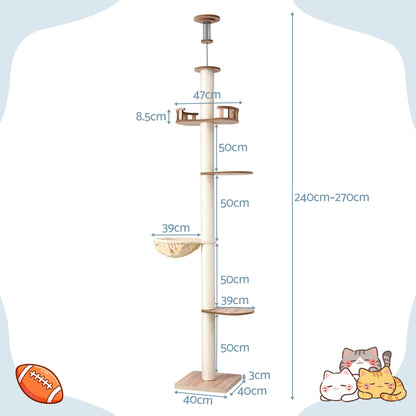 i.Pet Cat Tree Tower Floor to Ceiling Scratching Post 270cm Beige - Image 2