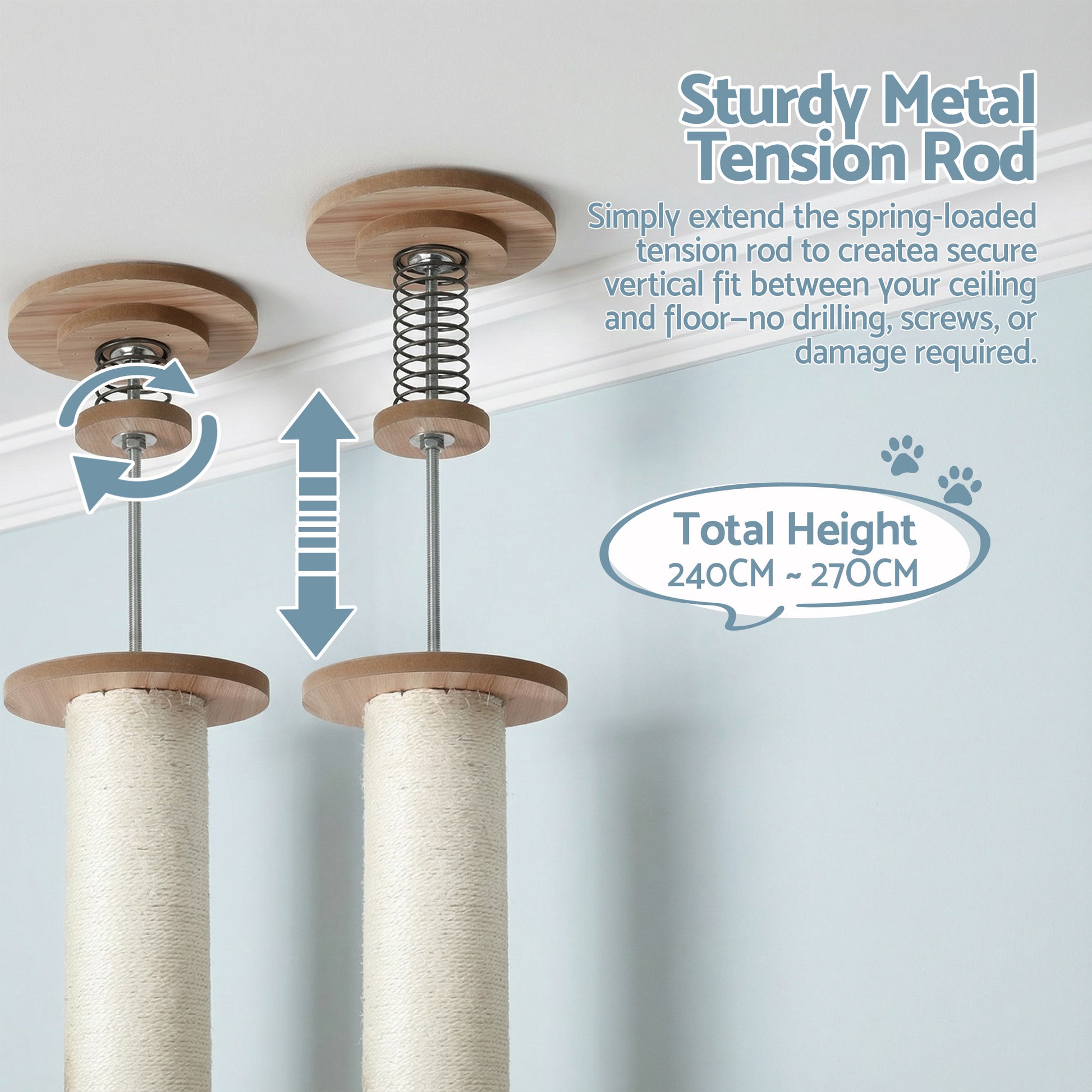 i.Pet Cat Tree Tower Floor to Ceiling Scratching Post 270cm Beige - Image 5