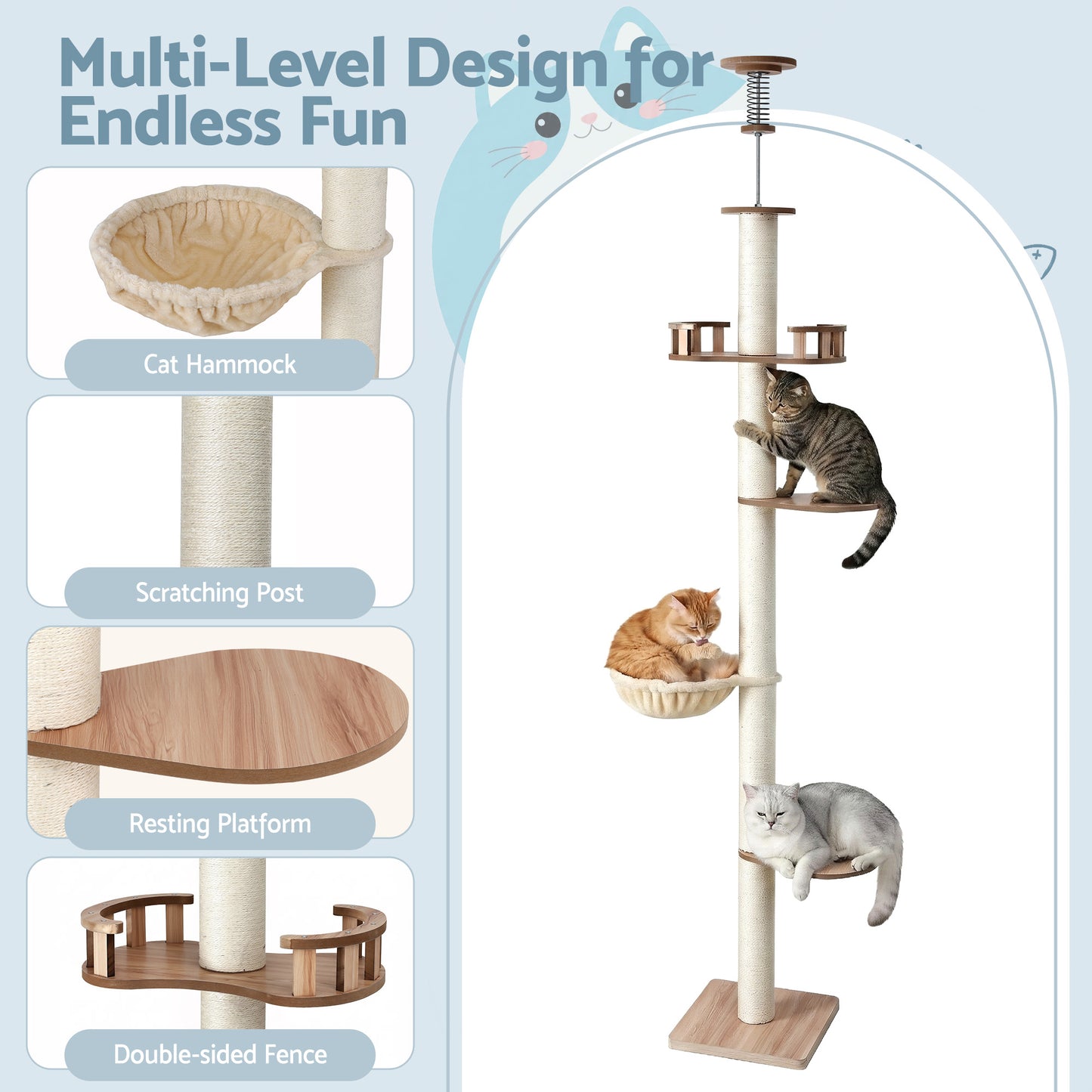 i.Pet Cat Tree Tower Floor to Ceiling Scratching Post 270cm Beige - Image 6