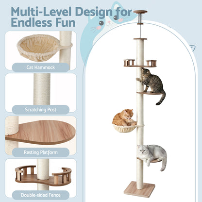 i.Pet Cat Tree Tower Floor to Ceiling Scratching Post 270cm Beige - Image 6