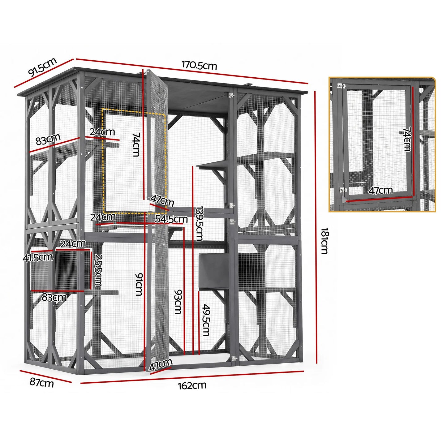 i.Pet Cat House 181cm Outdoor Catio Enclosure Walk-In Large Rabbit Hutch Grey - Image 3