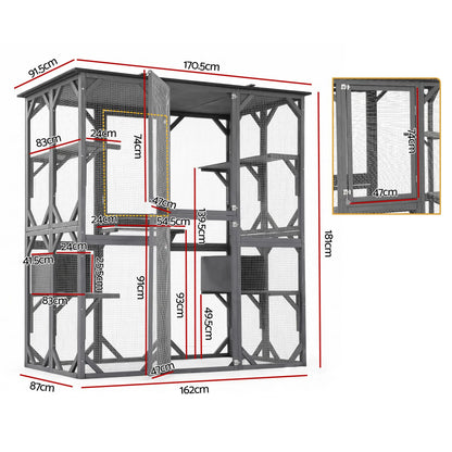 i.Pet Cat House 181cm Outdoor Catio Enclosure Walk-In Large Rabbit Hutch Grey - Image 3