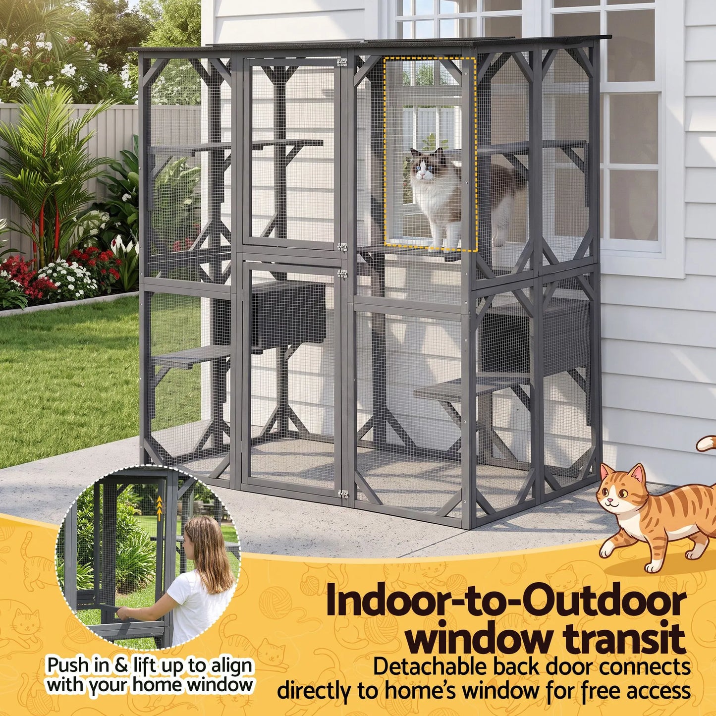 i.Pet Cat House 181cm Outdoor Catio Enclosure Walk-In Large Rabbit Hutch Grey - Image 5