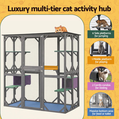 i.Pet Cat House 181cm Outdoor Catio Enclosure Walk-In Large Rabbit Hutch Grey - Image 6