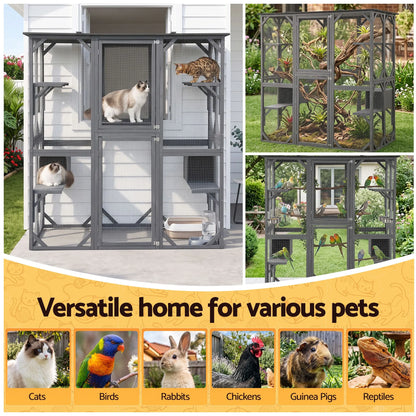 i.Pet Cat House 181cm Outdoor Catio Enclosure Walk-In Large Rabbit Hutch Grey - Image 9