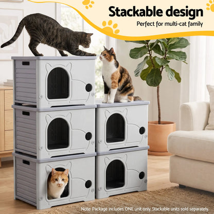 i.Pet Cat House Enclosed Shelter Plastic Nest Stackable Bench Box Outdoor Indoor Grey - Image 5