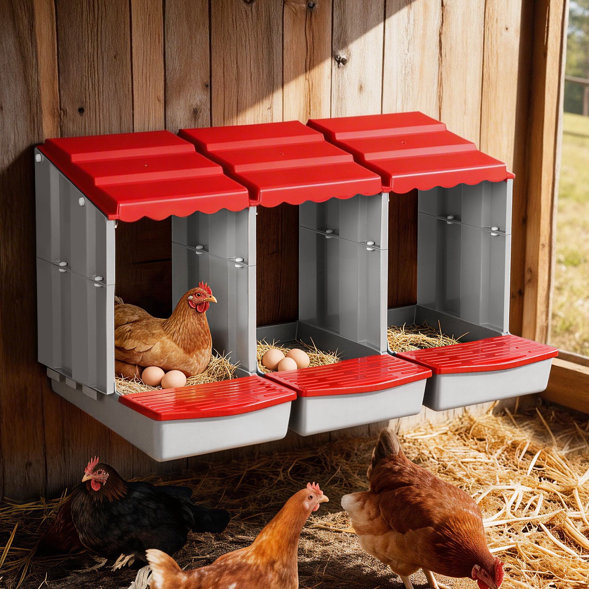 i.Pet Chicken Nesting Box 3 Hole Roll Away Poultry Hen Laying Egg Hutch Red - Image 8