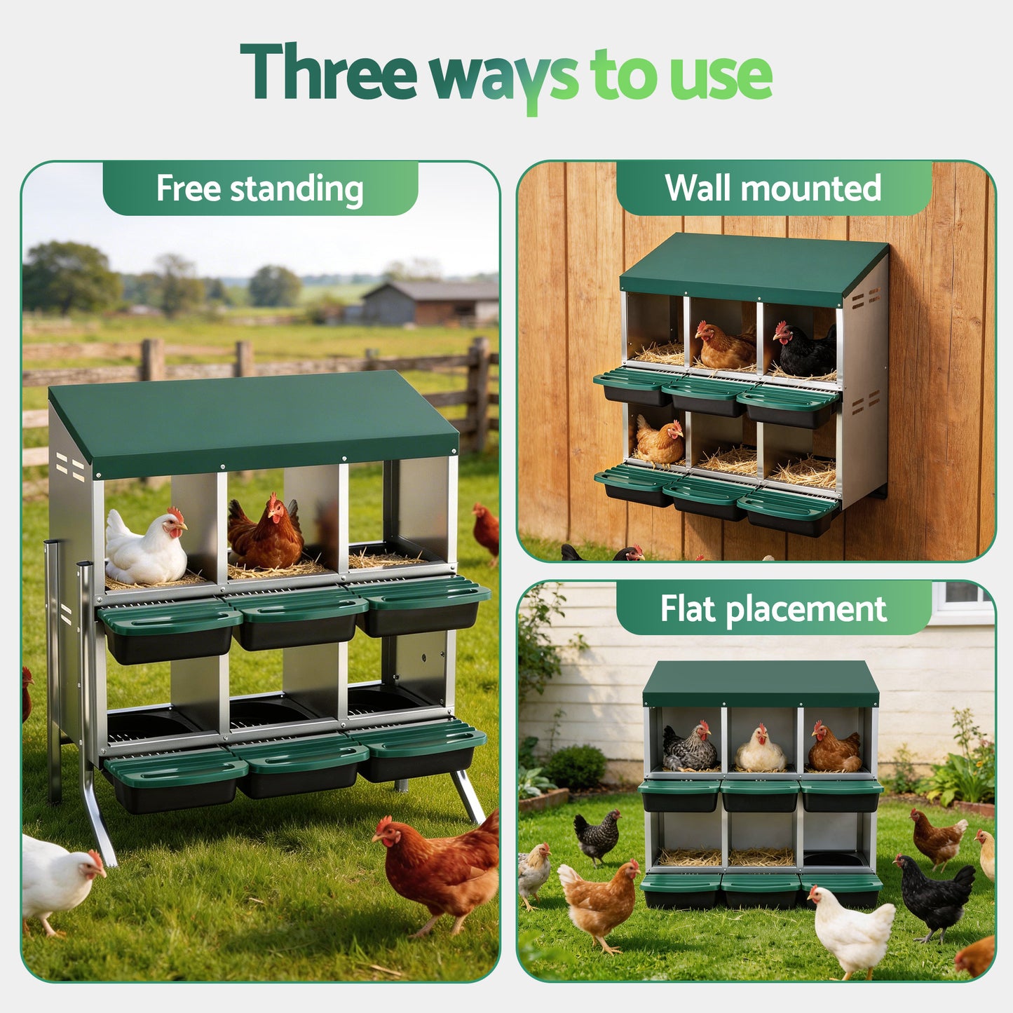 i.Pet Chicken Nesting Box Roll Away Metal Nesting Box Wall Mounted 6 Holes Green - Image 4