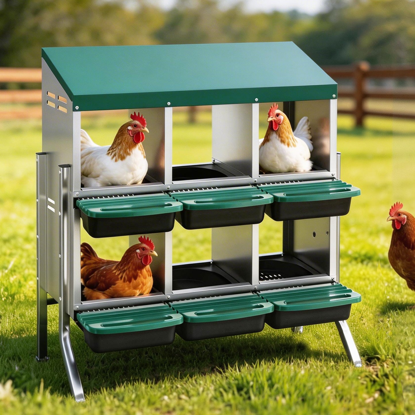 i.Pet Chicken Nesting Box Roll Away Metal Nesting Box Wall Mounted 6 Holes Green - Image 8