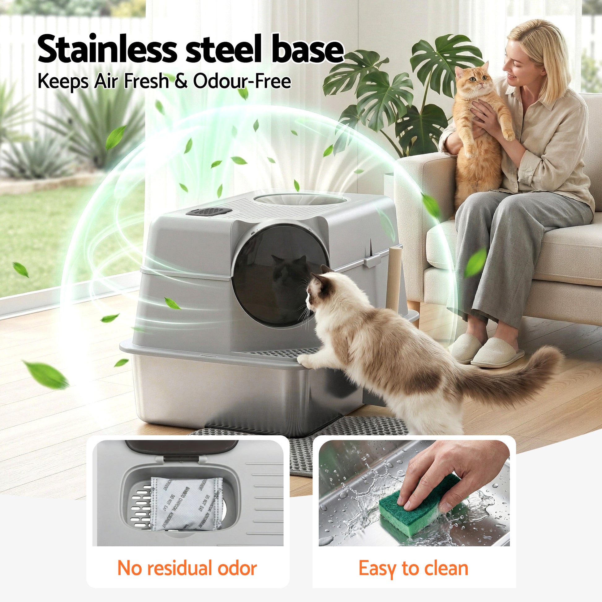 i.Pet Cat Litter Box Large Stainless Steel High Sided Pet Toilet Odour Control - Image 4