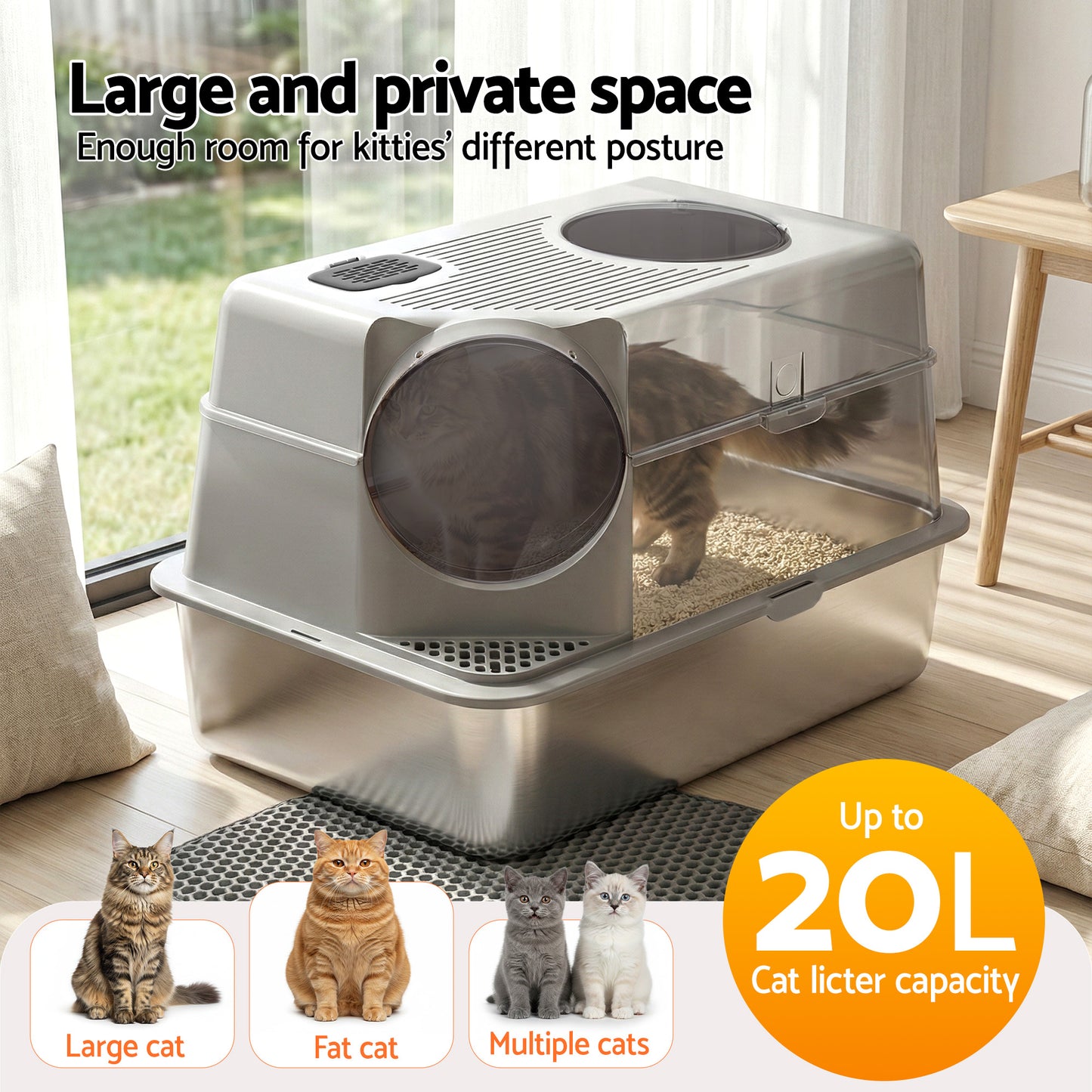 i.Pet Cat Litter Box Large Stainless Steel High Sided Pet Toilet Odour Control - Image 6