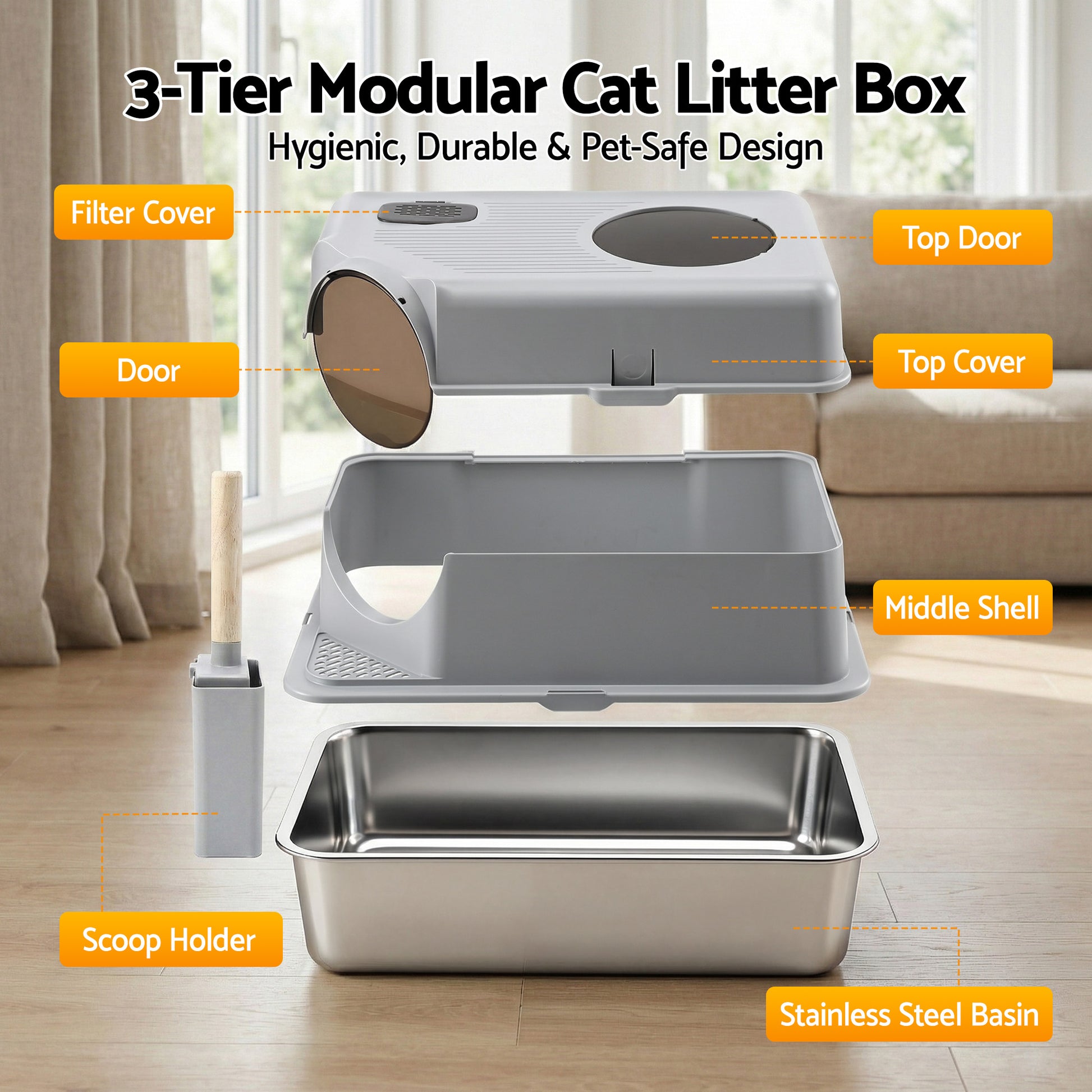 i.Pet Cat Litter Box Large Stainless Steel High Sided Pet Toilet Odour Control - Image 8