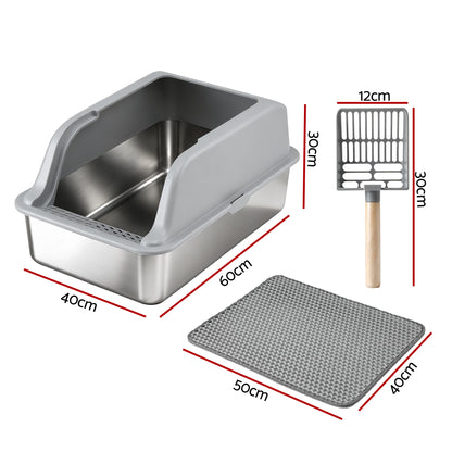 i.Pet Cat Litter Box Stainless Steel Large Semi-Enclosed Pet Kitty Toilet Grey - Image 2