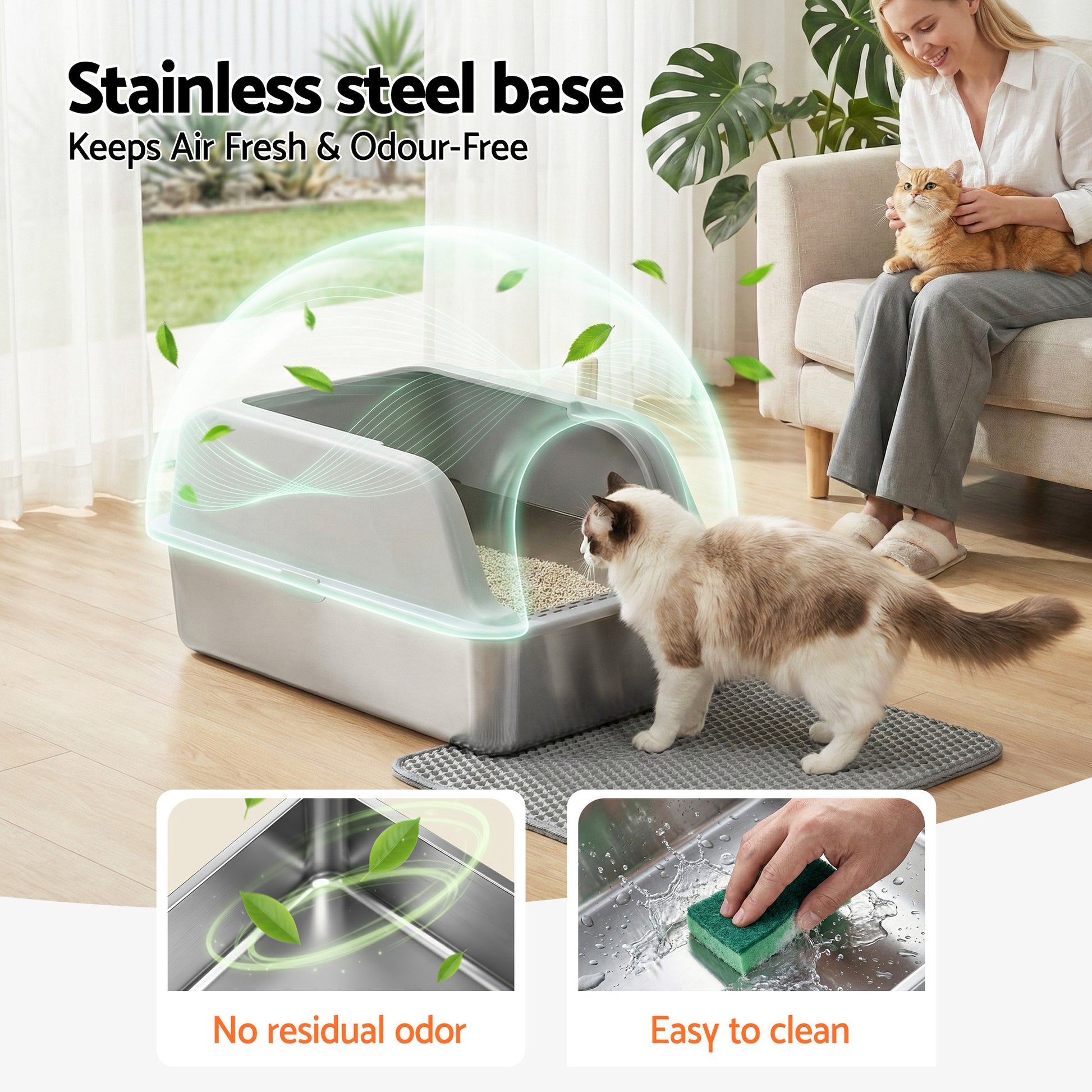 i.Pet Cat Litter Box Stainless Steel Large Semi-Enclosed Pet Kitty Toilet Grey - Image 4