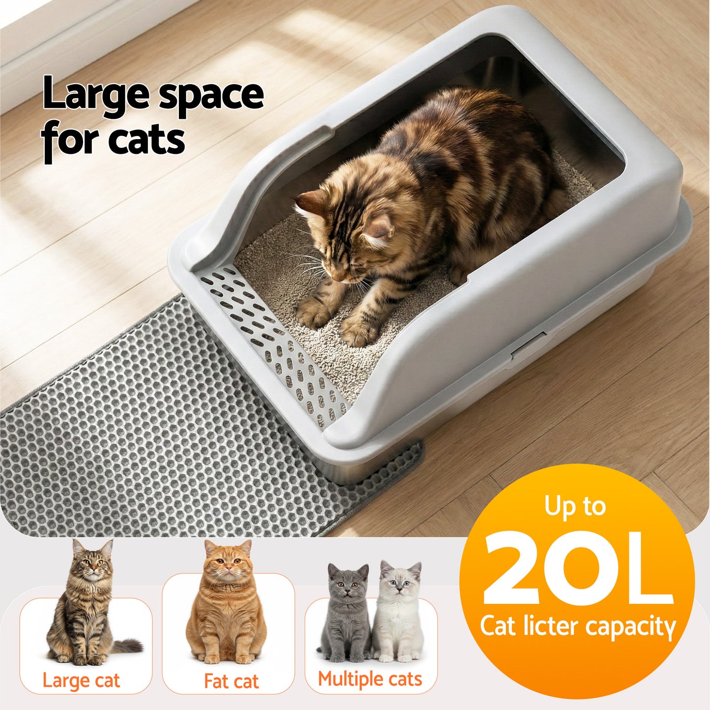 i.Pet Cat Litter Box Stainless Steel Large Semi-Enclosed Pet Kitty Toilet Grey - Image 6