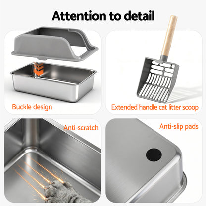 i.Pet Cat Litter Box Stainless Steel Large Semi-Enclosed Pet Kitty Toilet Grey - Image 7